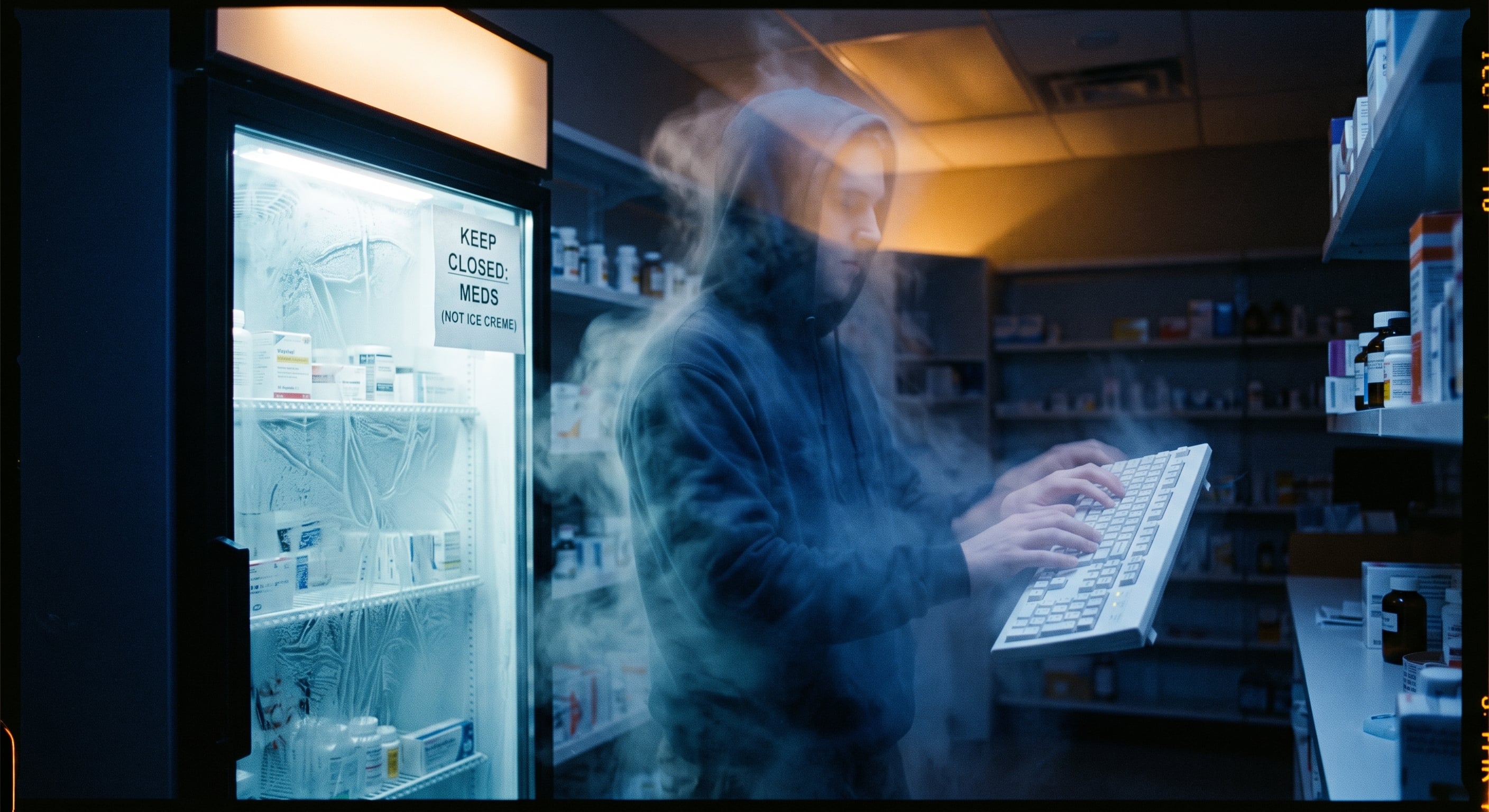 Cold Spot Dave beside a medication refrigerator