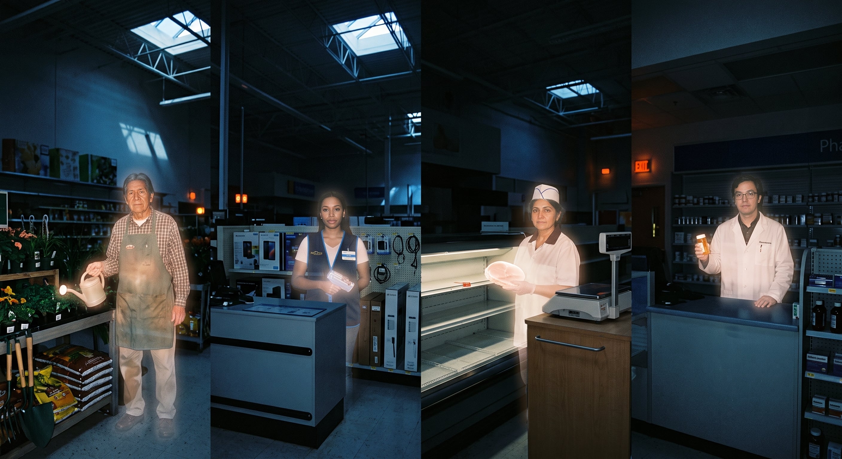 Ghosts working an aisle of a department store at night