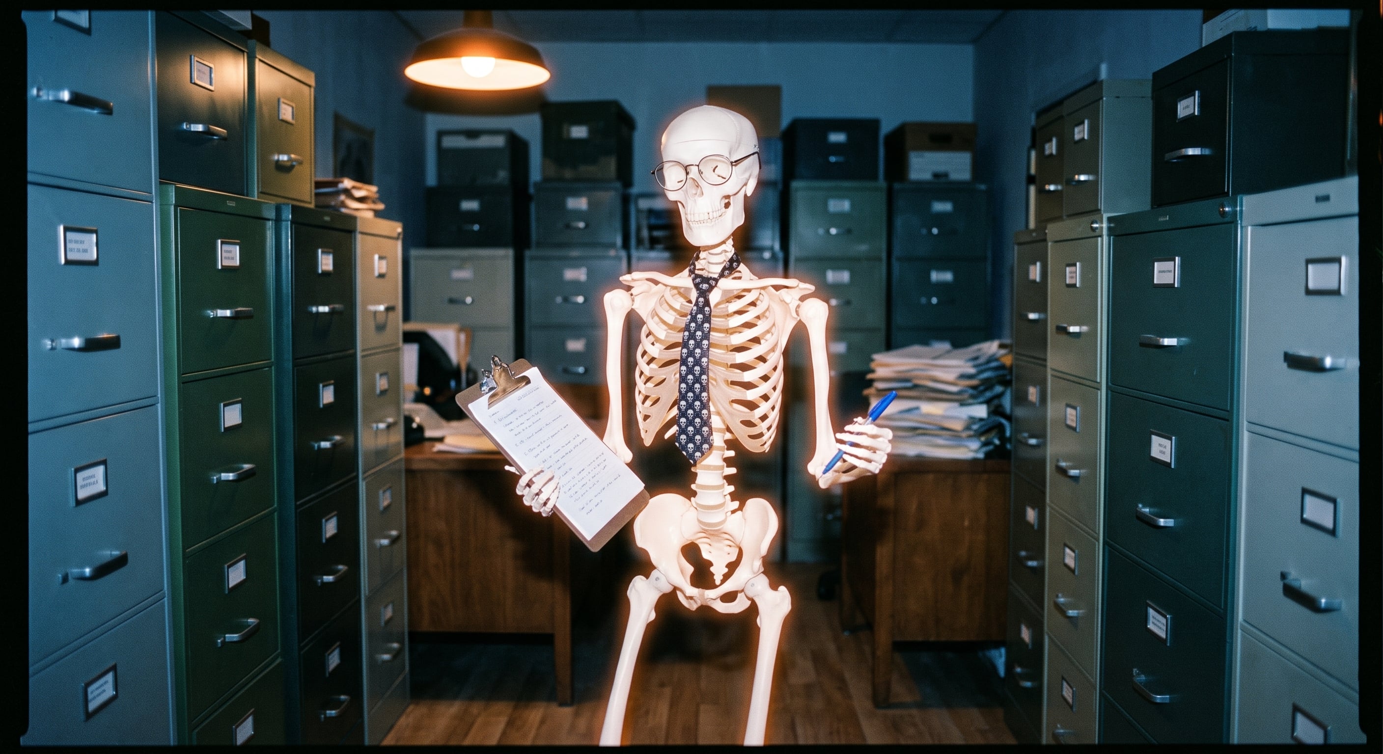 Rattles the skeleton with a clipboard in a file room