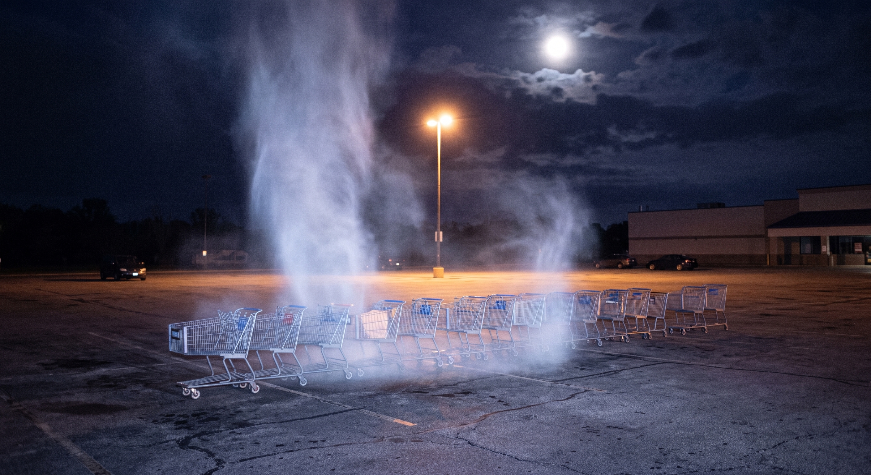 Shopping carts lined up by a ghostly whirlwind