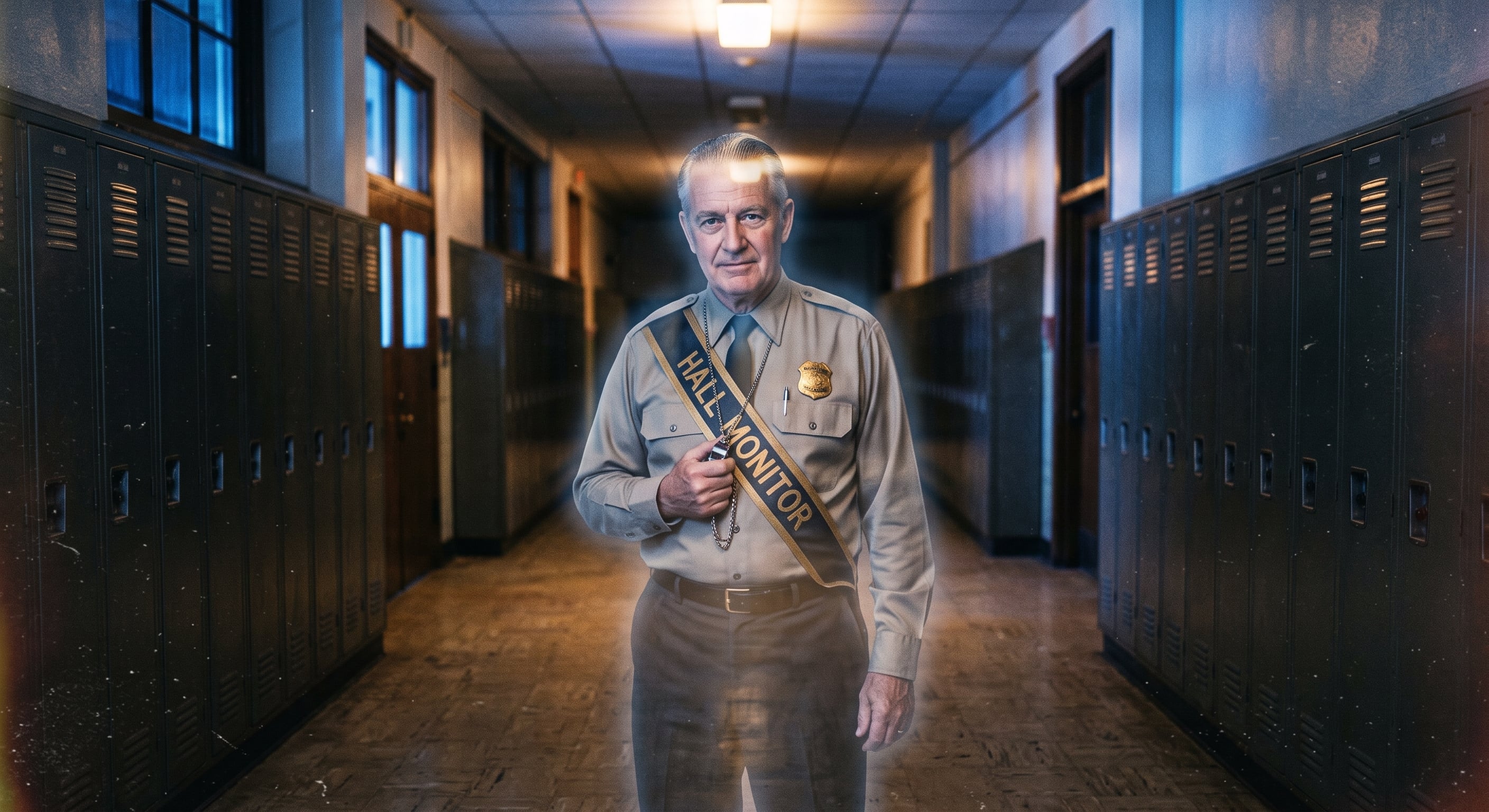 The Eternal Hall Monitor in a school hallway